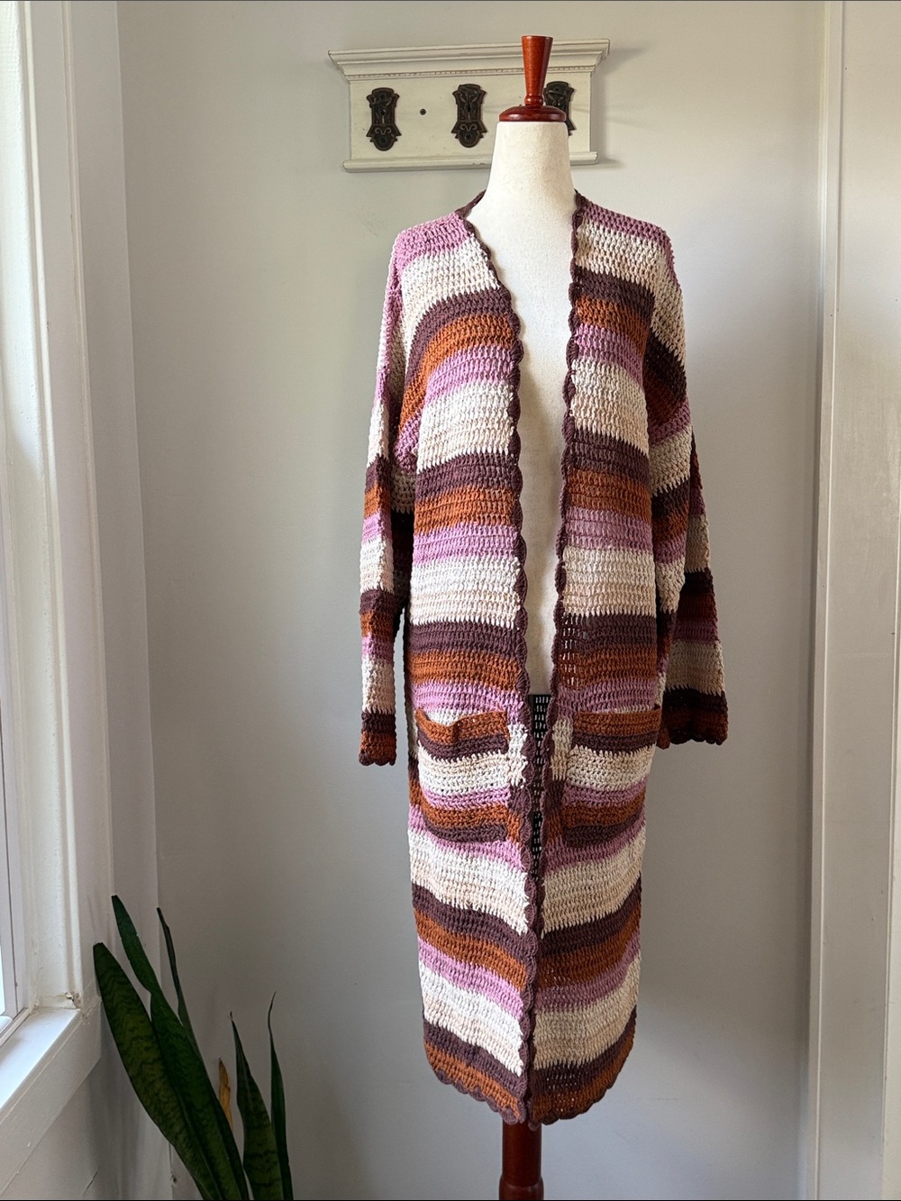 XiRENA Striped Crochet Longline Arlet Cardigan - Pink, Brown, Cream Boho Cotton